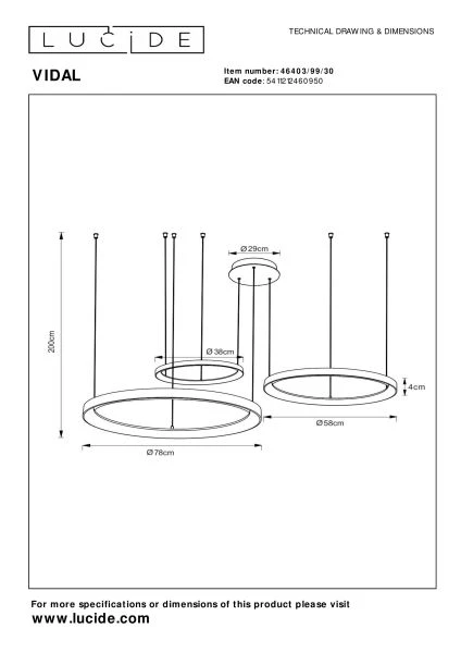 Lucide VIDAL - Hanglamp - Ø 78 cm - LED Dimb. - 1x120W 2700K - Zwart - technisch